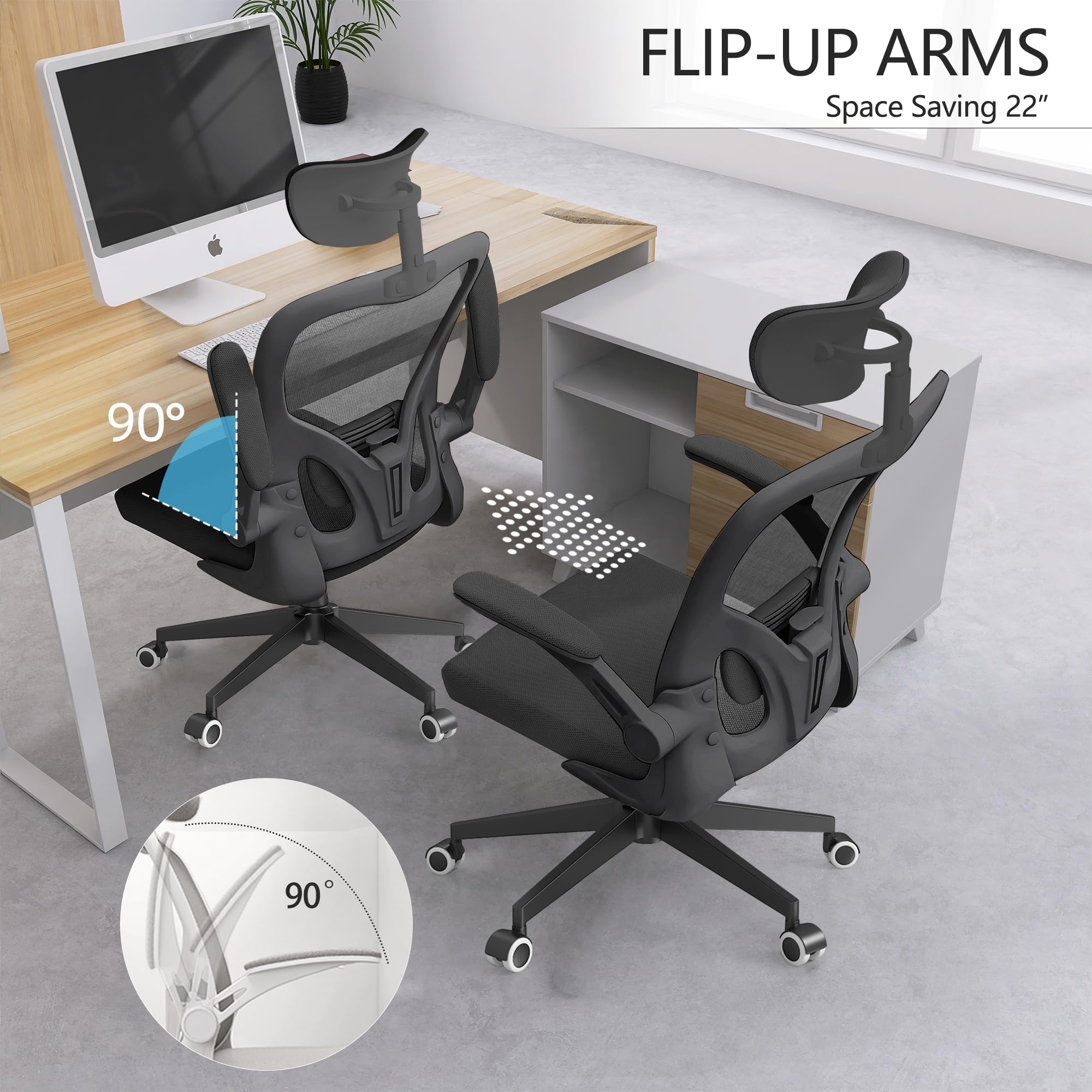 Monhey Black Office Chair, Ergonomic Office Chair, Home Office Desk Chair for Big and Tall People, Computer Chair with Adjustable Headrest, Lumbar Support, Flip-Up Arms, PU Wheels