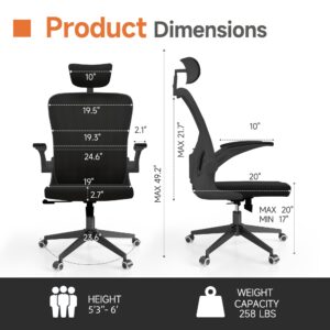 Monhey Black Office Chair, Ergonomic Office Chair, Home Office Desk Chair for Big and Tall People, Computer Chair with Adjustable Headrest, Lumbar Support, Flip-Up Arms, PU Wheels