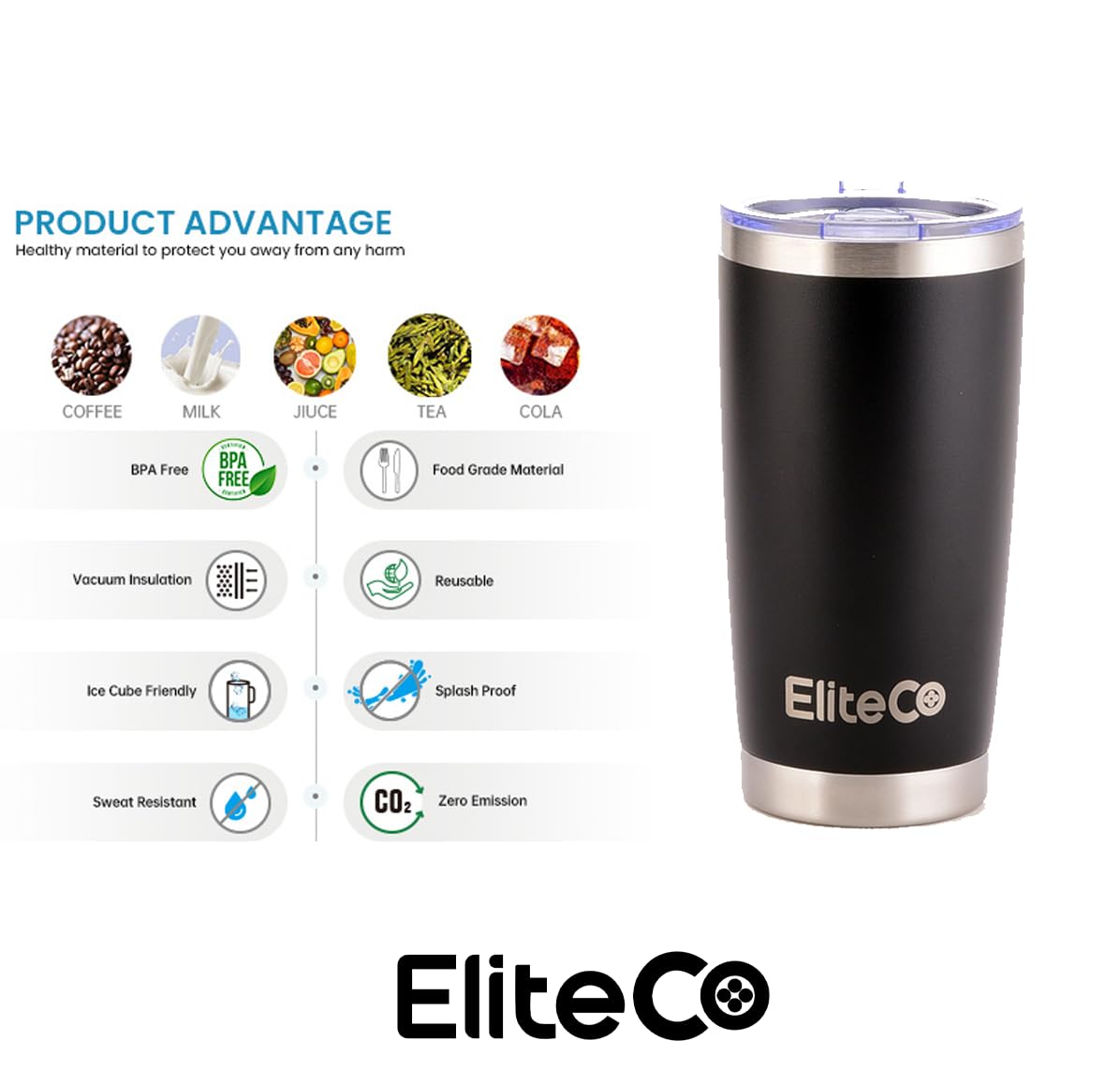 EliteCo 20oz Travel Mug | Insulated Coffee Mug | Stanley Cup BPA Free Lid Stainless Steel Tumbler