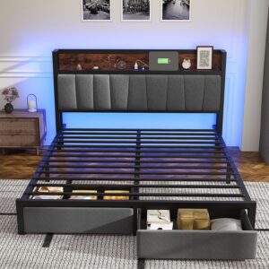 Fastroby LED Upholstered Queen Bed Frame with Storage Headboard, Drawers and Charging Station, Easy Assembly, No Box Spring Needed