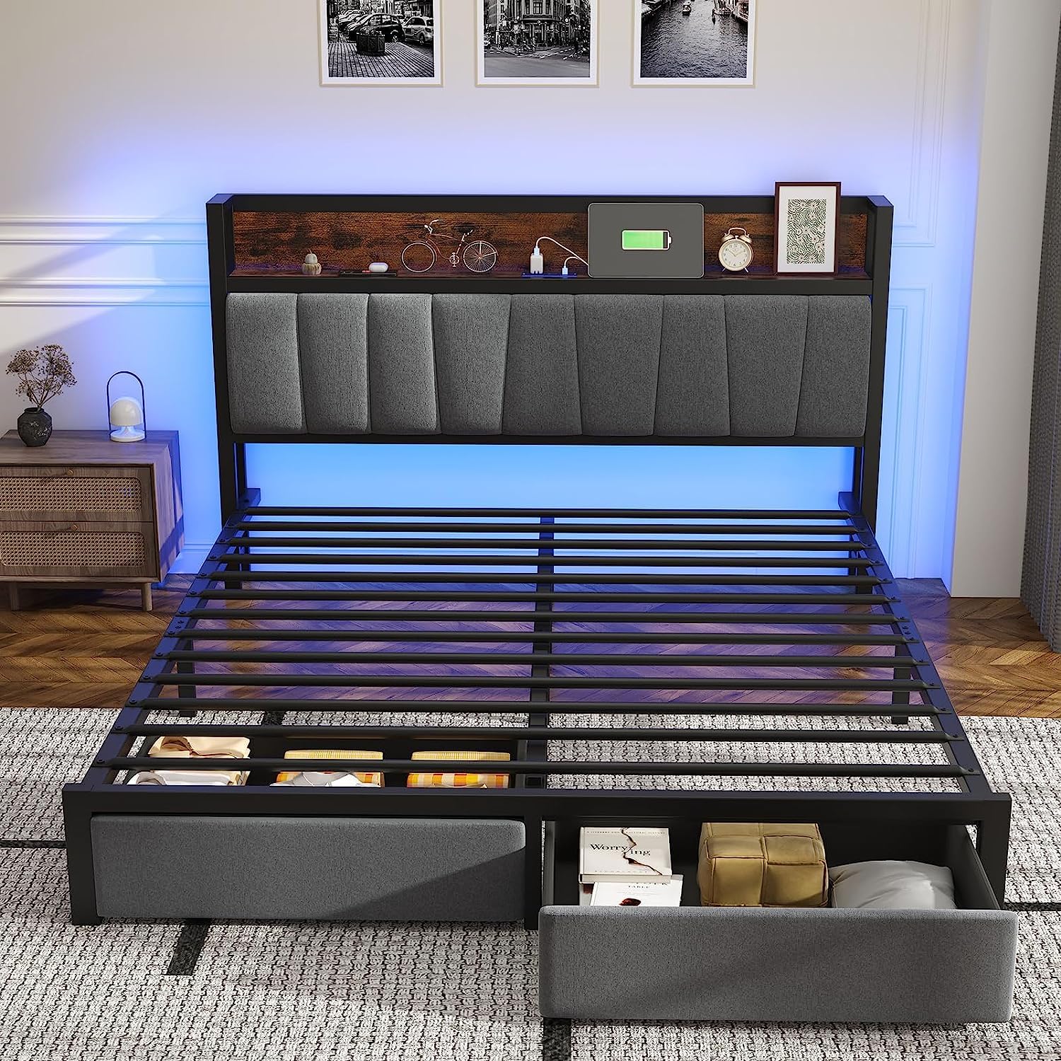 Fastroby LED Upholstered Queen Bed Frame with Storage Headboard, Drawers and Charging Station, Easy Assembly, No Box Spring Needed