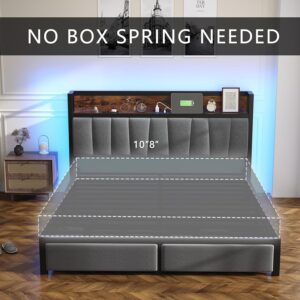 Fastroby LED Upholstered Queen Bed Frame with Storage Headboard, Drawers and Charging Station, Easy Assembly, No Box Spring Needed