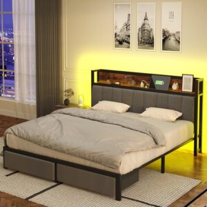 Fastroby LED Upholstered Queen Bed Frame with Storage Headboard, Drawers and Charging Station, Easy Assembly, No Box Spring Needed