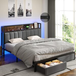 Fastroby LED Upholstered Queen Bed Frame with Storage Headboard, Drawers and Charging Station, Easy Assembly, No Box Spring Needed