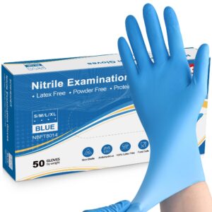 schneider nitrile exam gloves, 5 mil, large, box of 50, heavy duty disposable gloves, textured, latex free, food safe, industrial gloves for medical, cleaning, cooking, blue