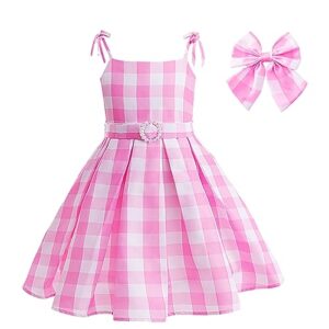 uivic Pink Costume for Girls, Doll Movie Cosplay Outfit Pink White Gingham Dress for Kids Party Birthday Dress Up (Pink1 with accessories, 7Years-8Years)