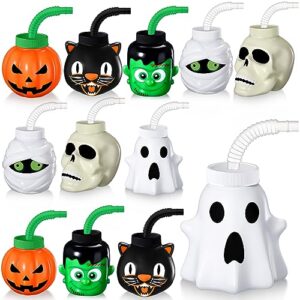 umigy halloween cup for kids 10 oz halloween reusable plastic cup bulk halloween skull ghost mummy green giant black cat pumpkin shape cup with lid and straw for gift party favor supplies (12 pack)