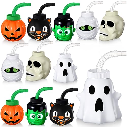 Umigy Halloween Cup for Kids 10 oz Halloween Reusable Plastic Cup Bulk Halloween Skull Ghost Mummy Green Giant Black Cat Pumpkin Shape Cup with Lid and Straw for Gift Party Favor Supplies (12 Pack)