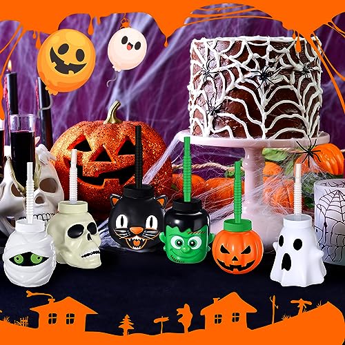 Umigy Halloween Cup for Kids 10 oz Halloween Reusable Plastic Cup Bulk Halloween Skull Ghost Mummy Green Giant Black Cat Pumpkin Shape Cup with Lid and Straw for Gift Party Favor Supplies (12 Pack)