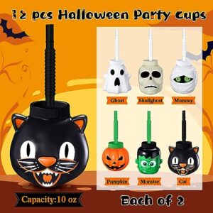 Umigy Halloween Cup for Kids 10 oz Halloween Reusable Plastic Cup Bulk Halloween Skull Ghost Mummy Green Giant Black Cat Pumpkin Shape Cup with Lid and Straw for Gift Party Favor Supplies (12 Pack)