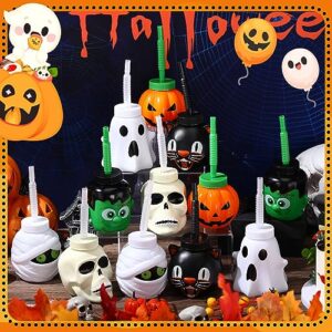 Umigy Halloween Cup for Kids 10 oz Halloween Reusable Plastic Cup Bulk Halloween Skull Ghost Mummy Green Giant Black Cat Pumpkin Shape Cup with Lid and Straw for Gift Party Favor Supplies (12 Pack)