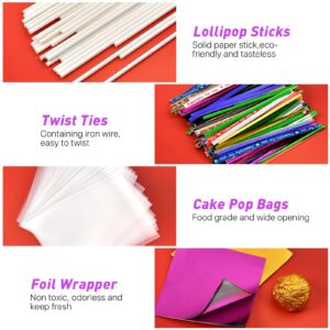 Elesunory 802Pcs Cake Pop Set, Including Cake Pop Sticks and Wrappers, Twist Ties, Cake Pop Roller, Decorating Pen with 4 Piping Tips, Candy Foil Wrappers, Cake Pops Bags Supplies for Lollipop