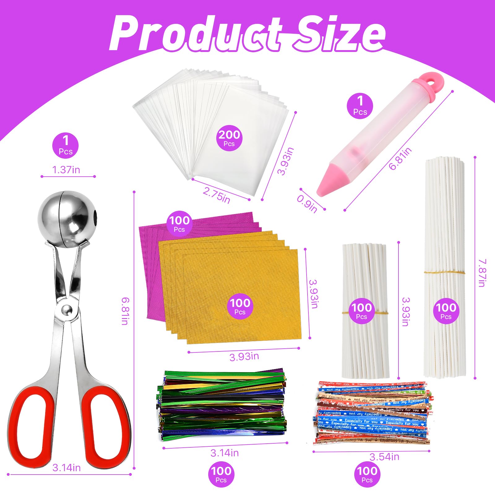 Elesunory 802Pcs Cake Pop Set, Including Cake Pop Sticks and Wrappers, Twist Ties, Cake Pop Roller, Decorating Pen with 4 Piping Tips, Candy Foil Wrappers, Cake Pops Bags Supplies for Lollipop