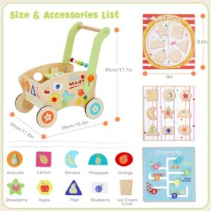 Wooden Baby Walker, Baby Push Walker for 1-3, Toddler Shopping Cart for Girl and Boy Shape Sorting Grocery Cart Push & Pull Toy Adjustable Height Kids Learning Walker Montessori Toys