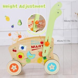 Wooden Baby Walker, Baby Push Walker for 1-3, Toddler Shopping Cart for Girl and Boy Shape Sorting Grocery Cart Push & Pull Toy Adjustable Height Kids Learning Walker Montessori Toys