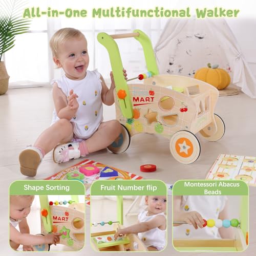 Wooden Baby Walker, Baby Push Walker for 1-3, Toddler Shopping Cart for Girl and Boy Shape Sorting Grocery Cart Push & Pull Toy Adjustable Height Kids Learning Walker Montessori Toys