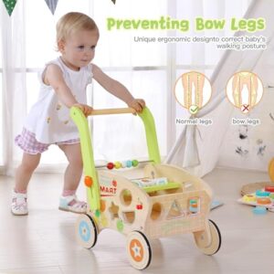 Wooden Baby Walker, Baby Push Walker for 1-3, Toddler Shopping Cart for Girl and Boy Shape Sorting Grocery Cart Push & Pull Toy Adjustable Height Kids Learning Walker Montessori Toys