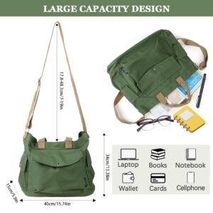 Large Canvas Crossbody Tote Bag Messenger Bag Work Totes Multi Pockets Shoulder Purse Travel Handbag Hobo Bag for Men Women (Green)