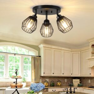 baocuz 3-light kitchen light fixtures ceiling mount, adjustable multi-directional ceiling fixture, farmhouse black metal cage flush mount ceiling light fixtures for hallway dining room entryway