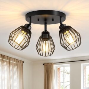 Baocuz 3-Light Kitchen Light Fixtures Ceiling Mount, Adjustable Multi-Directional Ceiling Fixture, Farmhouse Black Metal Cage Flush Mount Ceiling Light Fixtures for Hallway Dining Room Entryway