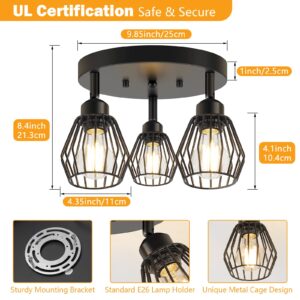 Baocuz 3-Light Kitchen Light Fixtures Ceiling Mount, Adjustable Multi-Directional Ceiling Fixture, Farmhouse Black Metal Cage Flush Mount Ceiling Light Fixtures for Hallway Dining Room Entryway