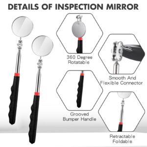 Copkim 2 Pcs Telescoping Inspection Mirror,29 Inch Mechanics Mirror Tool with Long Handle, Round Extendable Mirror on a Stick for Technicians Mechanics Contractors Checking Observation (Black)