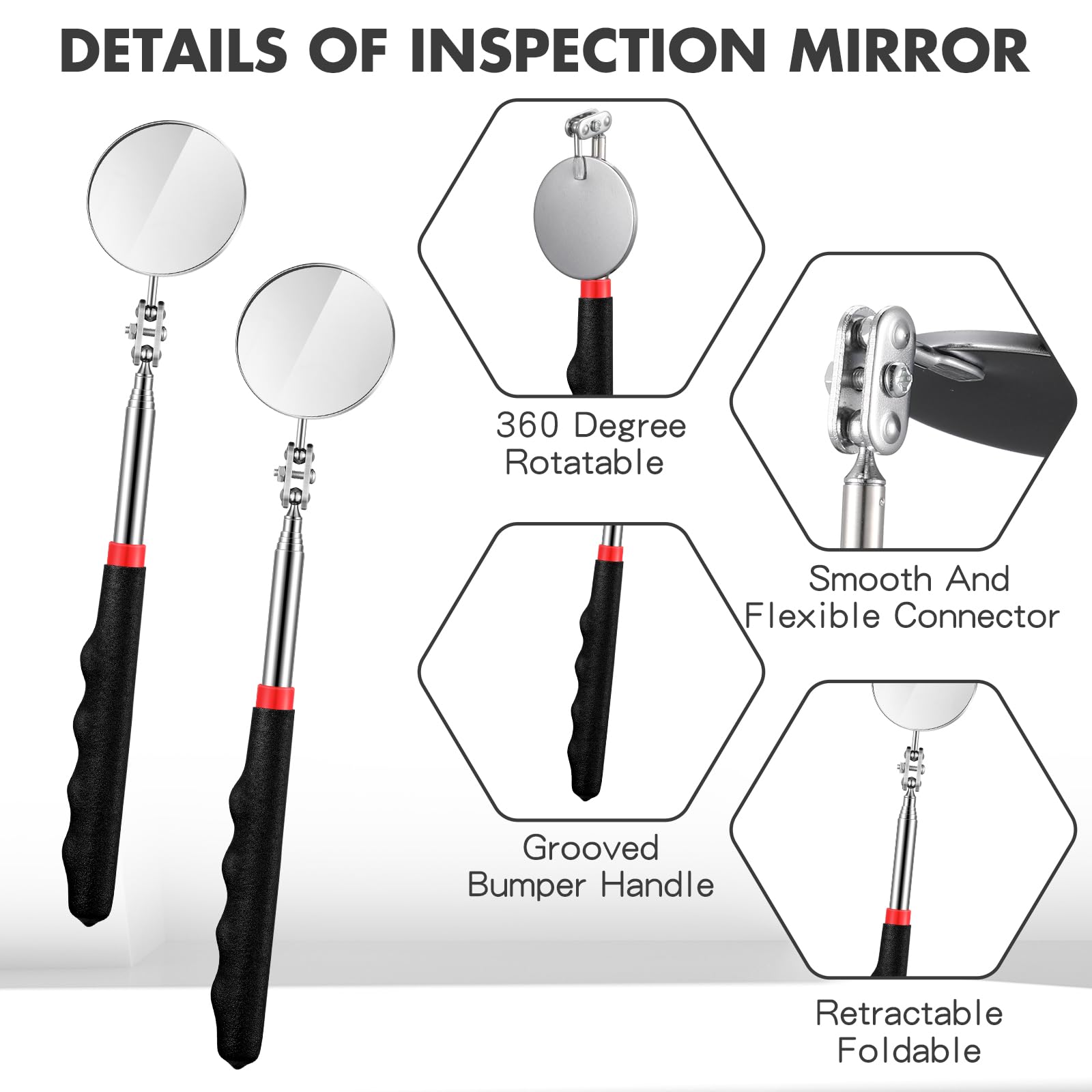 Copkim 2 Pcs Telescoping Inspection Mirror,29 Inch Mechanics Mirror Tool with Long Handle, Round Extendable Mirror on a Stick for Technicians Mechanics Contractors Checking Observation (Black)