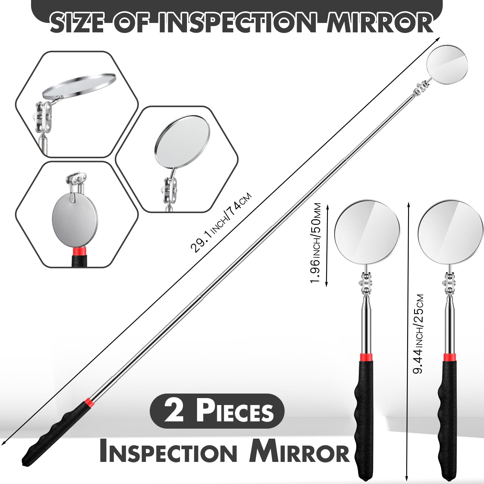 Copkim 2 Pcs Telescoping Inspection Mirror,29 Inch Mechanics Mirror Tool with Long Handle, Round Extendable Mirror on a Stick for Technicians Mechanics Contractors Checking Observation (Black)