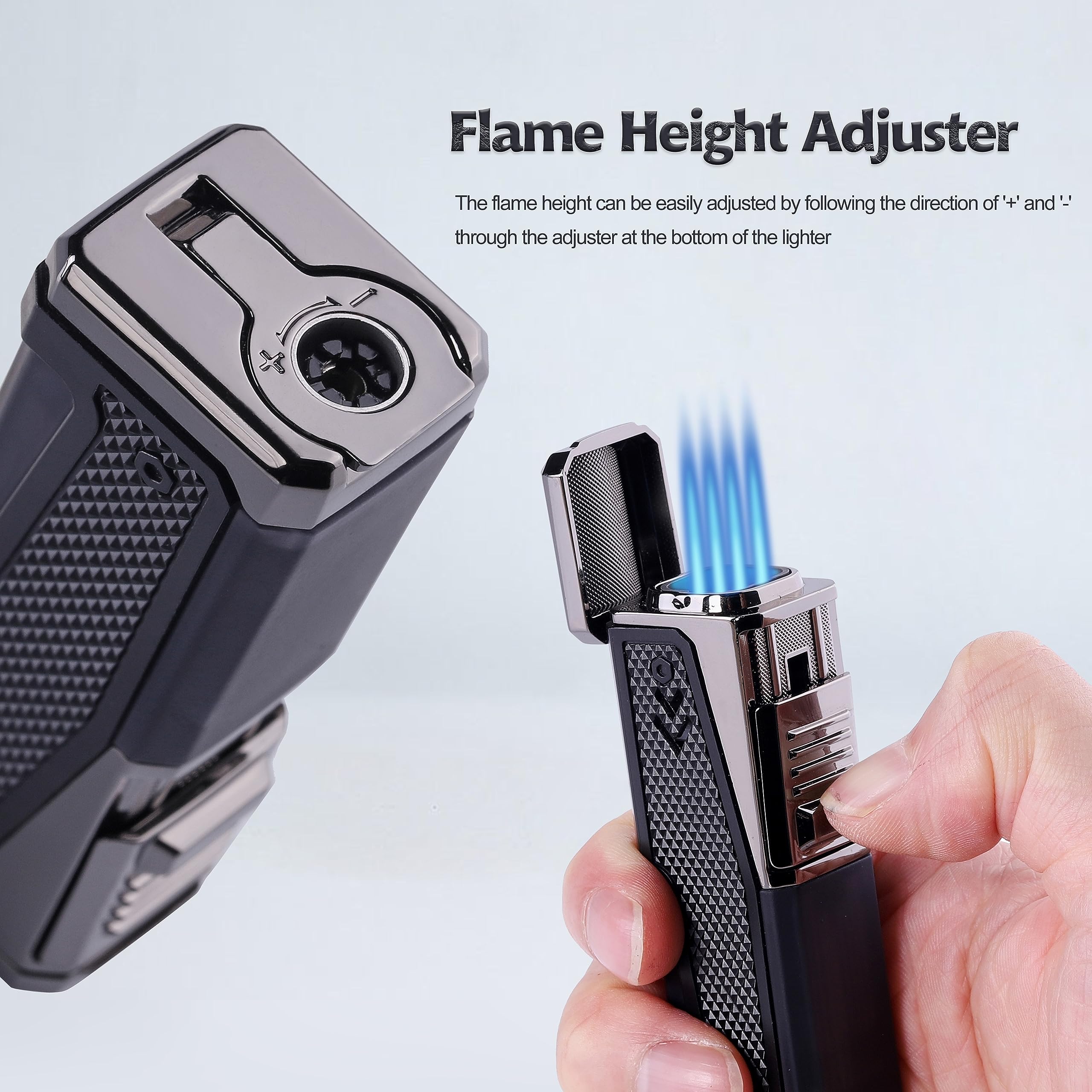 TOMOLO Torch Lighter Cigar Lighter Quadruple Flame Butane Refillable Lighter with Cigar Holder, Cigar Punch Built in, 2 Pack (Gas Not Included) (Black)