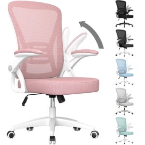 naspaluro ergonomic office chair, mid back desk chair with adjustable height, swivel chair with flip-up arms and lumbar support, breathable mesh computer chair for home/study/working, pink