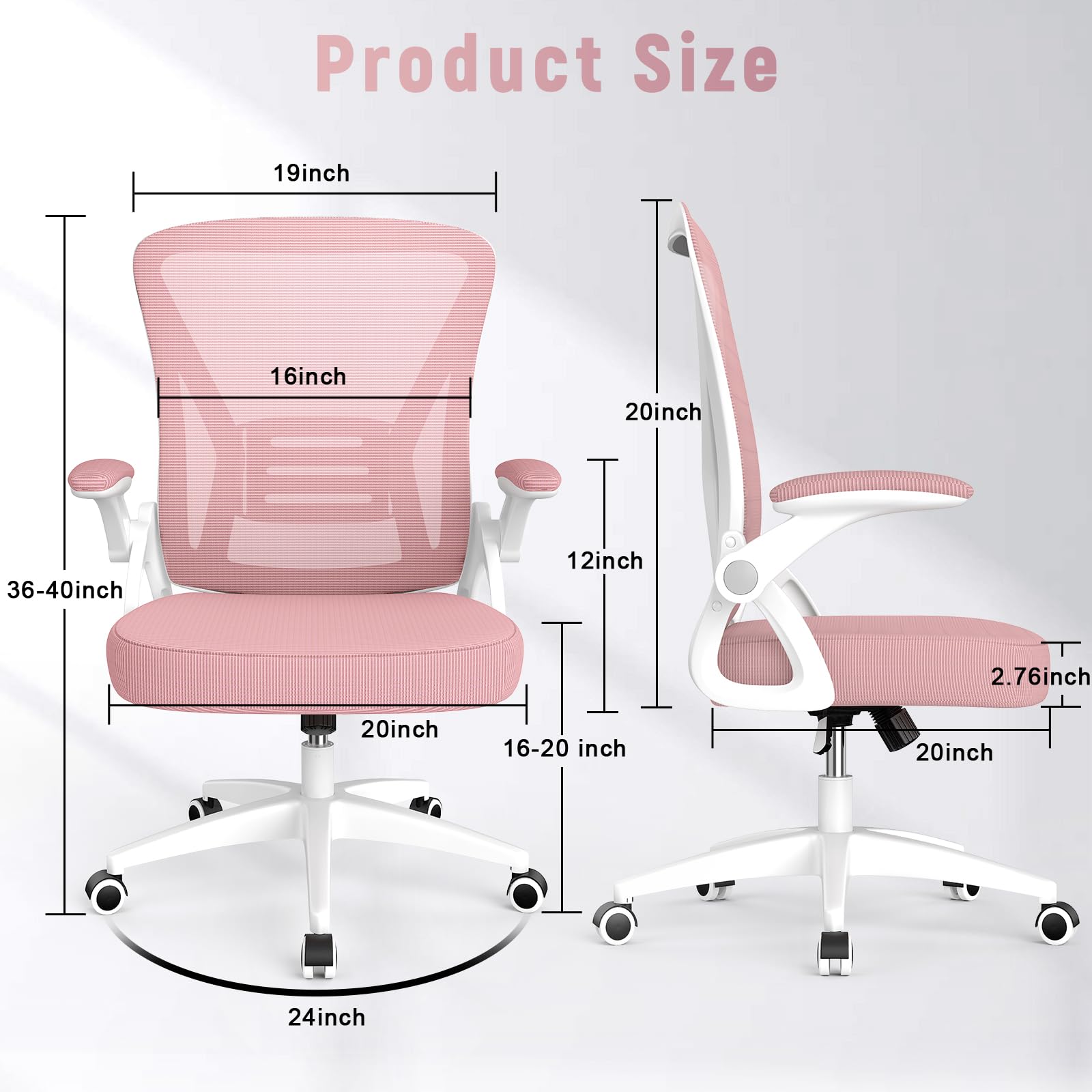 naspaluro Ergonomic Office Chair, Mid Back Desk Chair with Adjustable Height, Swivel Chair with Flip-Up Arms and Lumbar Support, Breathable Mesh Computer Chair for Home/Study/Working, Pink