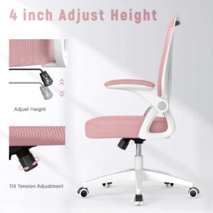 naspaluro Ergonomic Office Chair, Mid Back Desk Chair with Adjustable Height, Swivel Chair with Flip-Up Arms and Lumbar Support, Breathable Mesh Computer Chair for Home/Study/Working, Pink