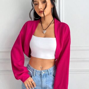 SweatyRocks Women's Casual Long Sleeve Ribbed Knit Top Open Front Cropped Cardigan Sweater Hot Pink M