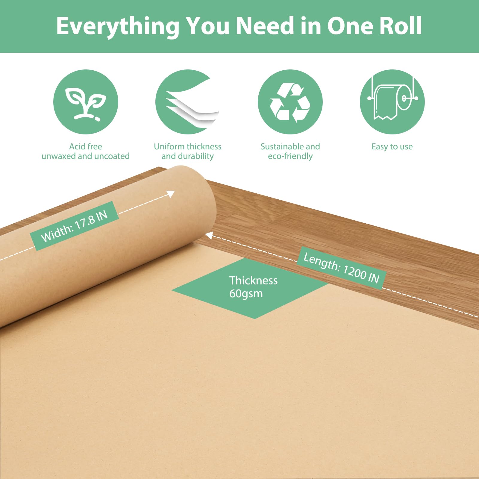 OcePor Brown Paper Roll 17.8"×1200"(100 ft), Craft Paper, Kraft Paper Roll, Wrapping Paper, Packing Paper for Moving, Gift Wrapping, Wall Art, Table Runner, Floor Covering, Bulletin Board, Arts Crafts