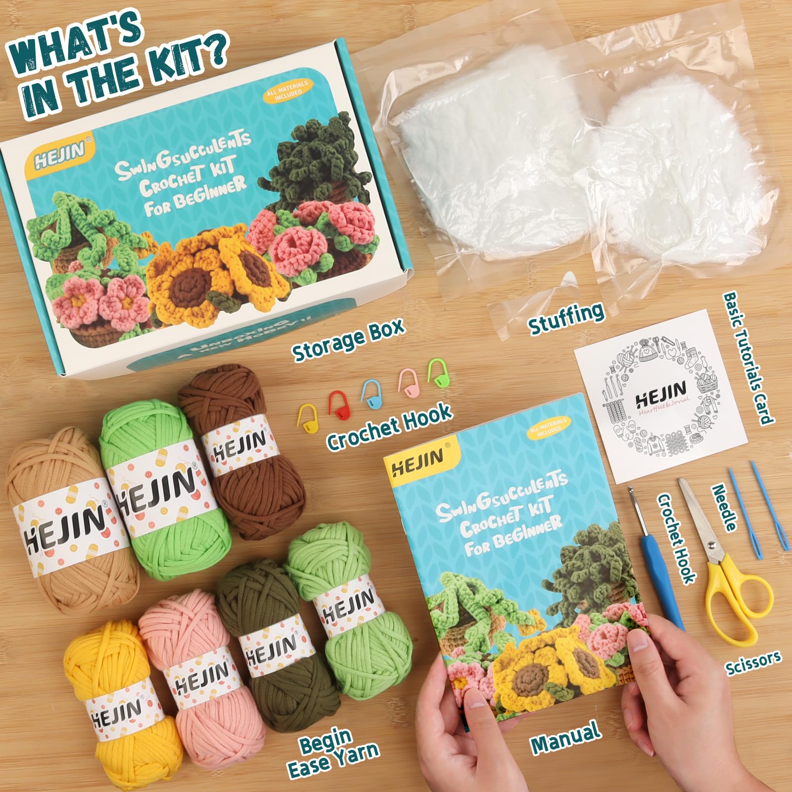 HEJIN Crochet Kit for Beginners, 5PCS Crochet Plant Kit for Adults Kids-Amigurumi Crochet Kit include Every Tool, Videos Tutorials, Crochet Starter Kit Learn to Crochet Kit Gift for Birthday, Easter