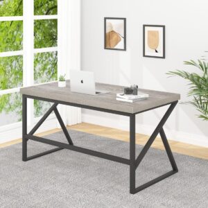 HSH Gray Computer Desk, Industrial Wood and Metal Home Office Desk, Farmhouse Rustic PC Laptop Desk for Executive Work Writing Study Gaming, Modern Simple Bedroom Computer Table, Light Grey Oak, 55 In