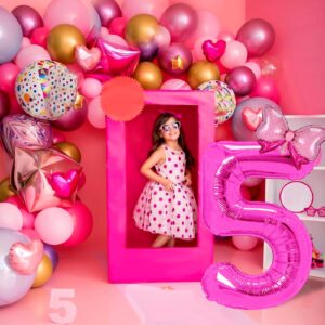 Cadeya Bow Number 5 Birthday Balloons, 40”Hot Pink Aluminum Foil Balloons for Girl 5th Birthday Party, Kids Theme Party Decoration Supplies