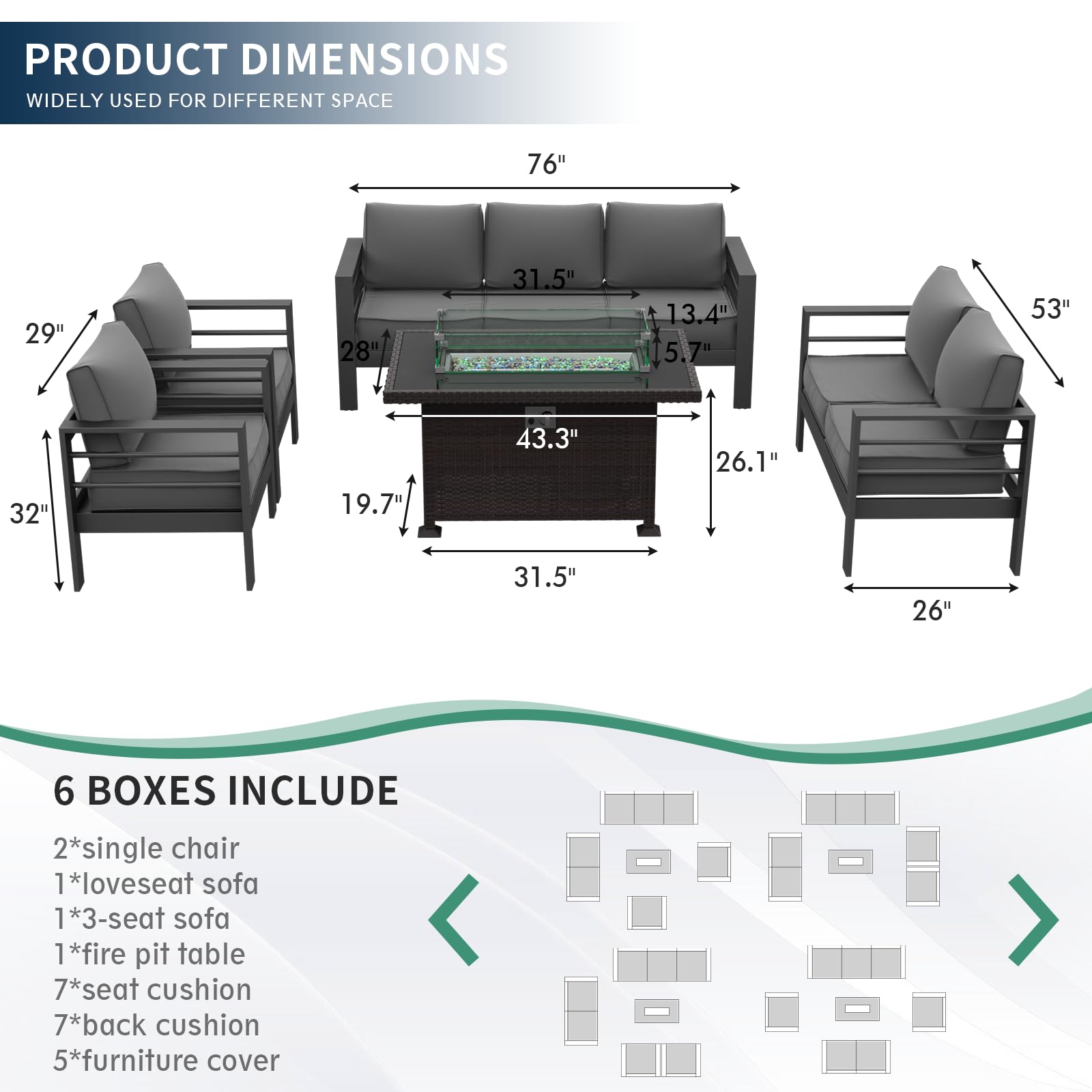 Amopatio Patio Furniture Set with Fire Pit Table, 8 Pcs Aluminum Outdoor Sectional Metal Modern Patio Sofa Sets, 44" Gas Fire Pit Conversation Set for Yard, Dark Grey(Included Waterproof Covers)