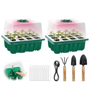 Seed Starter Tray Kit with Grow Light | 12 Flexible Pop-Out Cells Silicone Bottoms | Reusable Seedling Starter Trays with Humidity Dome,Garden Tools,Labels | for Starting Vegetable Flower Seeds