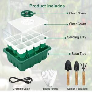 Seed Starter Tray Kit with Grow Light | 12 Flexible Pop-Out Cells Silicone Bottoms | Reusable Seedling Starter Trays with Humidity Dome,Garden Tools,Labels | for Starting Vegetable Flower Seeds