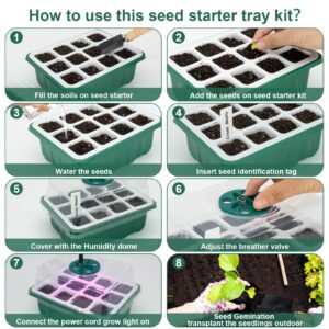 Seed Starter Tray Kit with Grow Light | 12 Flexible Pop-Out Cells Silicone Bottoms | Reusable Seedling Starter Trays with Humidity Dome,Garden Tools,Labels | for Starting Vegetable Flower Seeds