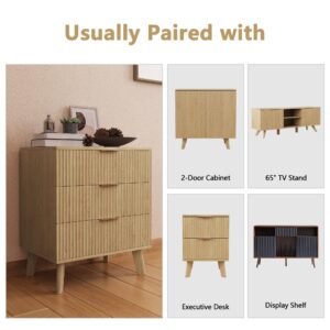 wirrytor 3 Drawer Dresser with Waveform Panel, Modern Closet Dressers Chest of Drawers, Wood Storage Dresser Chest of Drawers for Bedroom Living Room Hallway Closet(Natural)