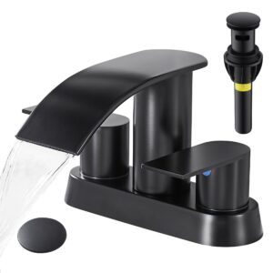 Waterfall Bathroom Sink Faucet 4 Inch Faucet 2 Handle Lead-Free Black, Bathroom Faucet with Water Supply Lines Pop Up Drain, 2 or 3 Holes Bathroom Basin Lavatory Mixer Tap with Deck Mount Plate