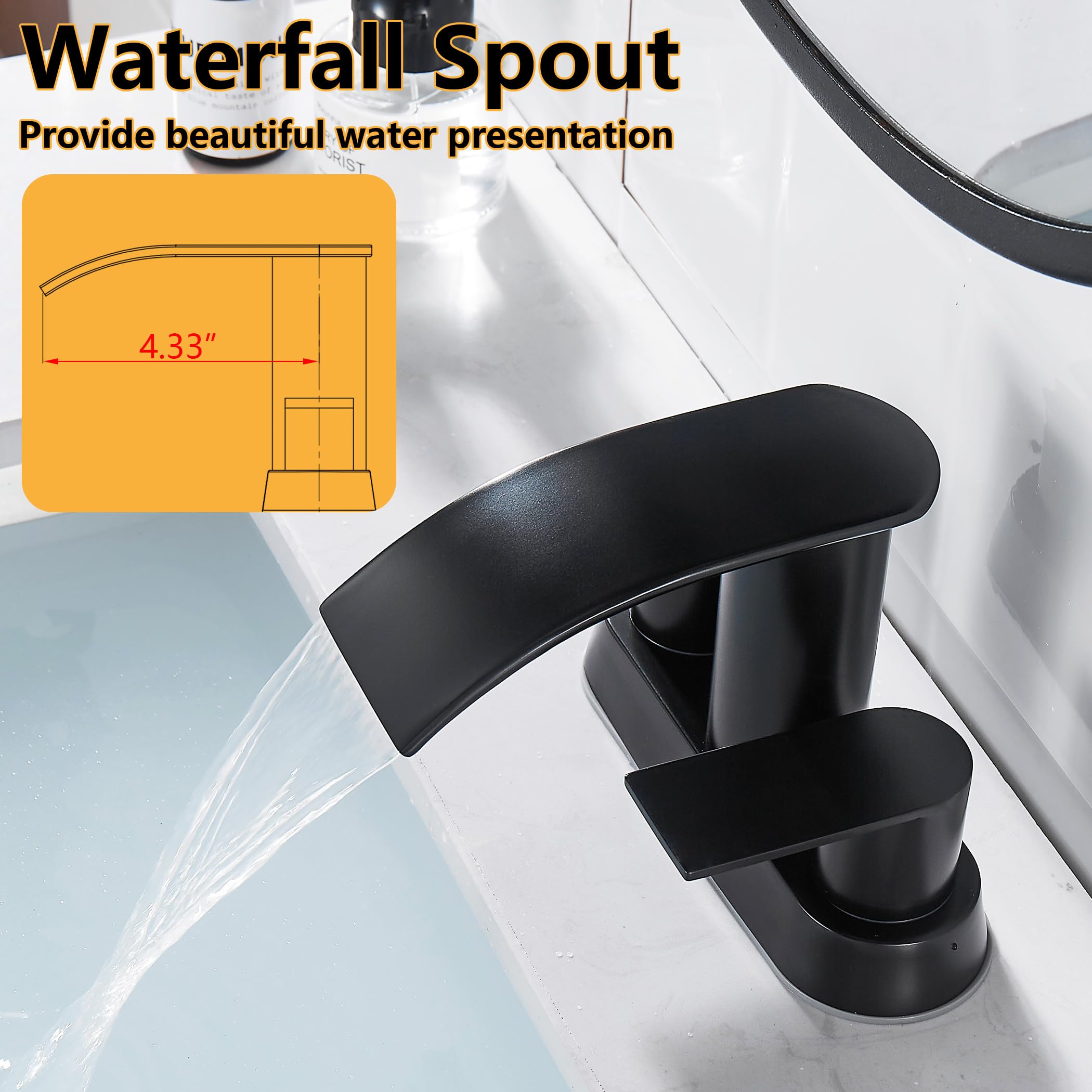 Waterfall Bathroom Sink Faucet 4 Inch Faucet 2 Handle Lead-Free Black, Bathroom Faucet with Water Supply Lines Pop Up Drain, 2 or 3 Holes Bathroom Basin Lavatory Mixer Tap with Deck Mount Plate