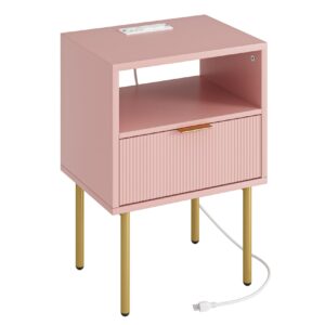 Masupu Night Stand with Charging Station,Mid-Century Modern Bedside Table with Storage Drawer and Open Wood Shelf,Small Gold Frame Side Table for Bedroom,Living Room (Pink)