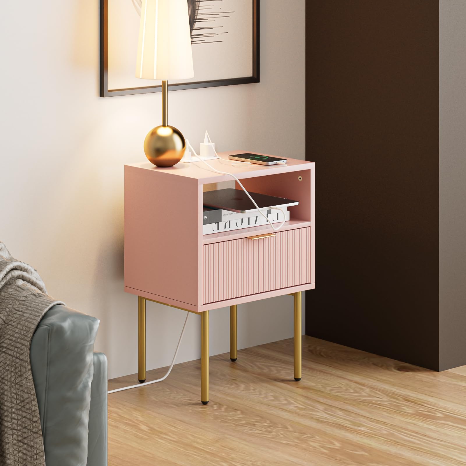 Masupu Night Stand with Charging Station,Mid-Century Modern Bedside Table with Storage Drawer and Open Wood Shelf,Small Gold Frame Side Table for Bedroom,Living Room (Pink)