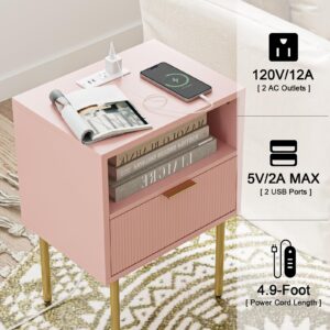 Masupu Night Stand with Charging Station,Mid-Century Modern Bedside Table with Storage Drawer and Open Wood Shelf,Small Gold Frame Side Table for Bedroom,Living Room (Pink)