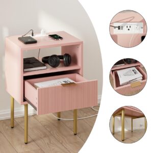 Masupu Night Stand with Charging Station,Mid-Century Modern Bedside Table with Storage Drawer and Open Wood Shelf,Small Gold Frame Side Table for Bedroom,Living Room (Pink)