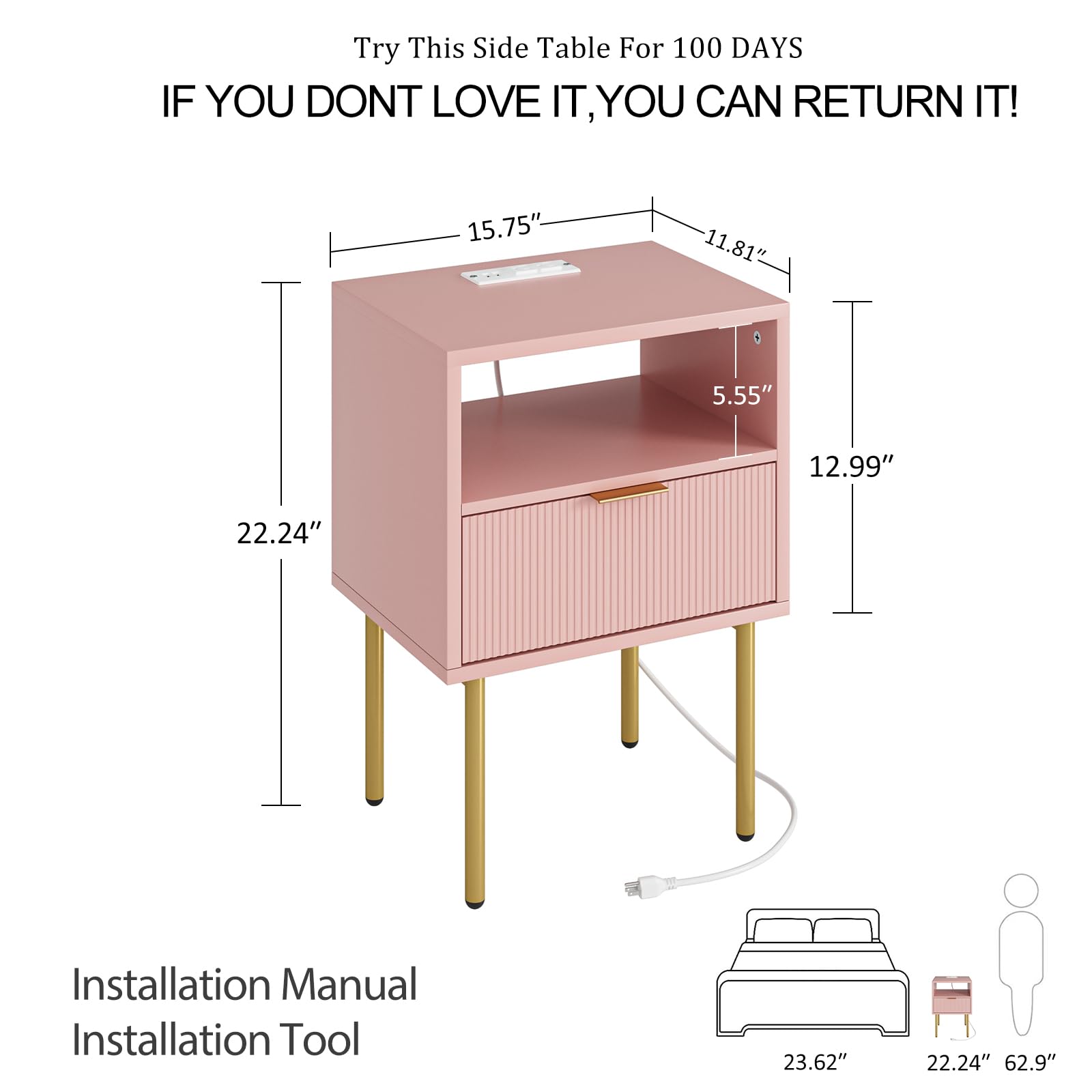 Masupu Night Stand with Charging Station,Mid-Century Modern Bedside Table with Storage Drawer and Open Wood Shelf,Small Gold Frame Side Table for Bedroom,Living Room (Pink)