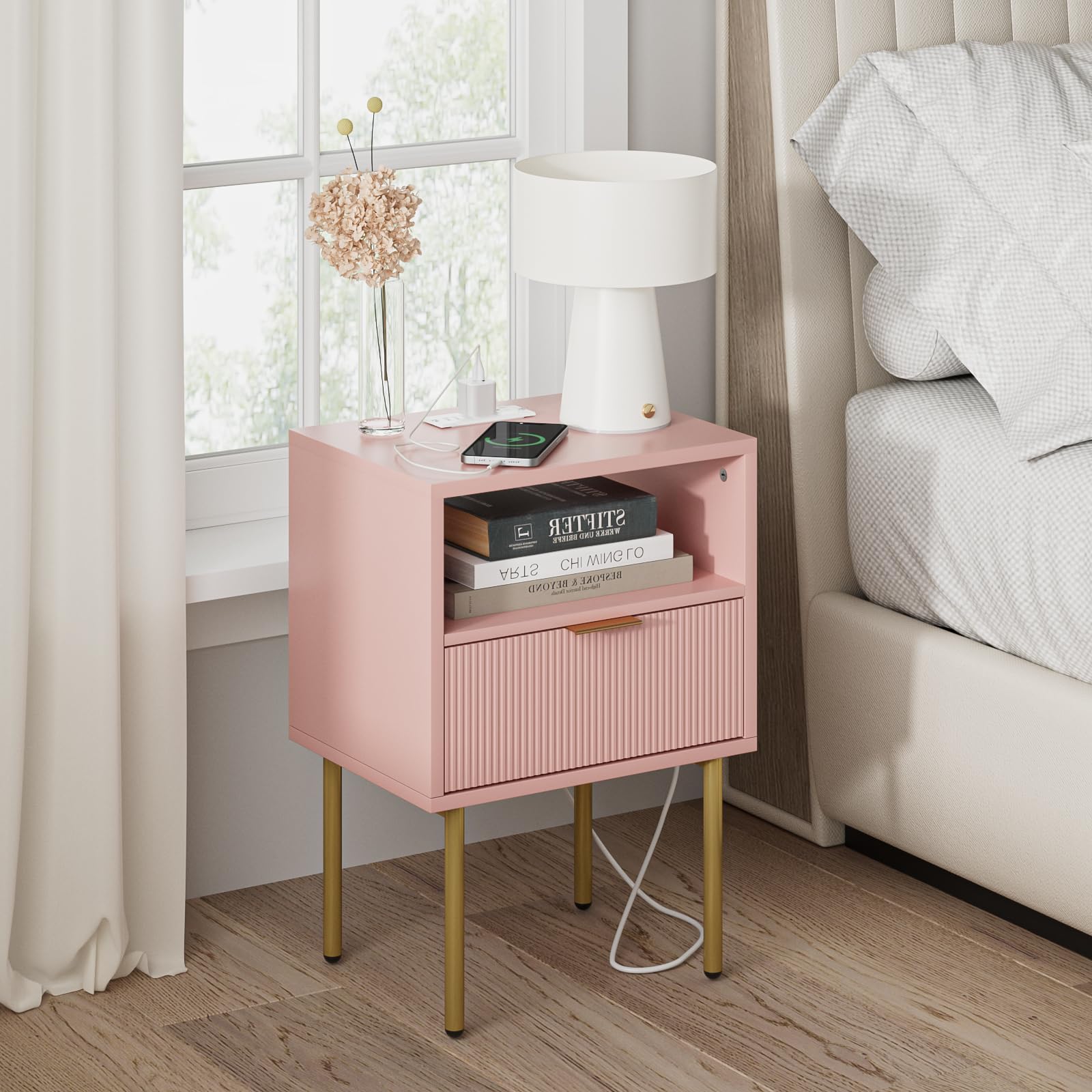 Masupu Night Stand with Charging Station,Mid-Century Modern Bedside Table with Storage Drawer and Open Wood Shelf,Small Gold Frame Side Table for Bedroom,Living Room (Pink)